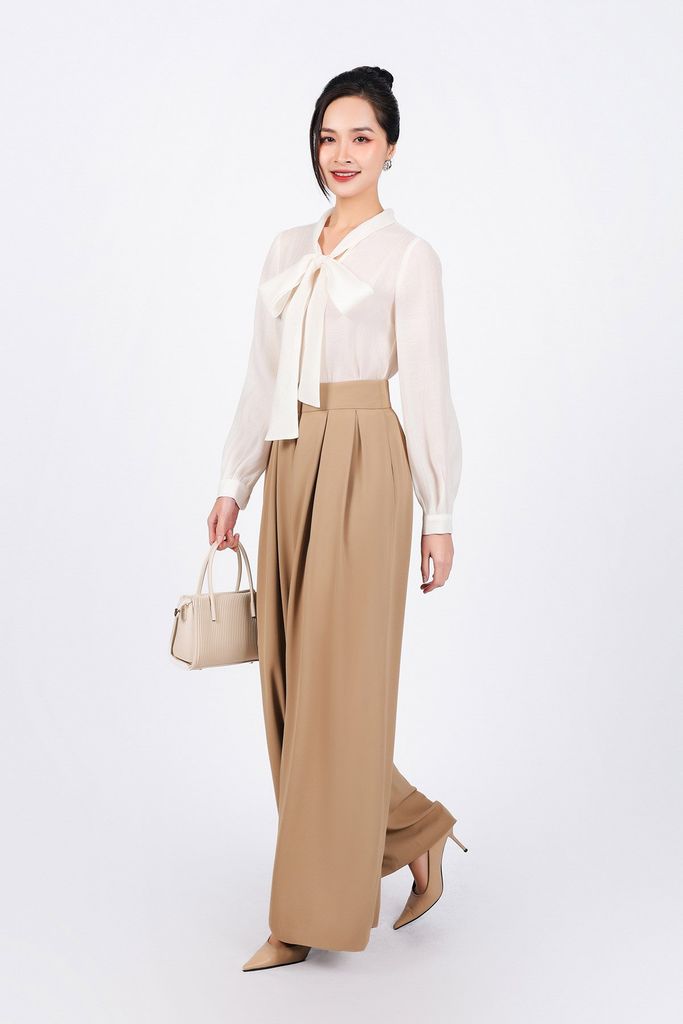 FAS73799 - Áo sơ mi công sở vải tơ dáng suông cổ phối dây nơ tạo kiểu - PANTIO