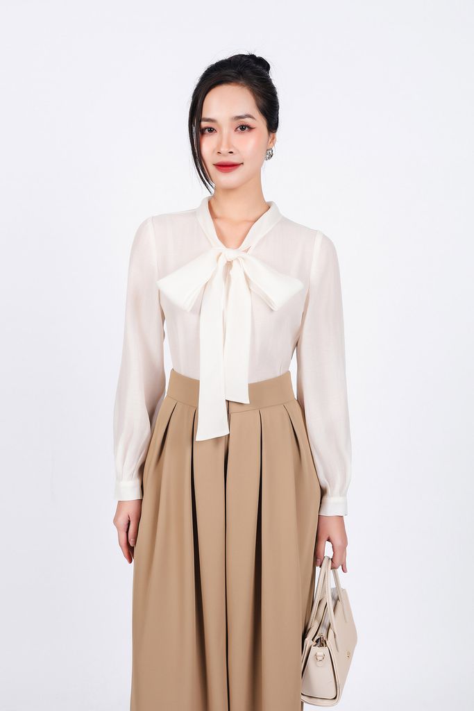 FAS73799 - Áo sơ mi công sở vải tơ dáng suông cổ phối dây nơ tạo kiểu - PANTIO