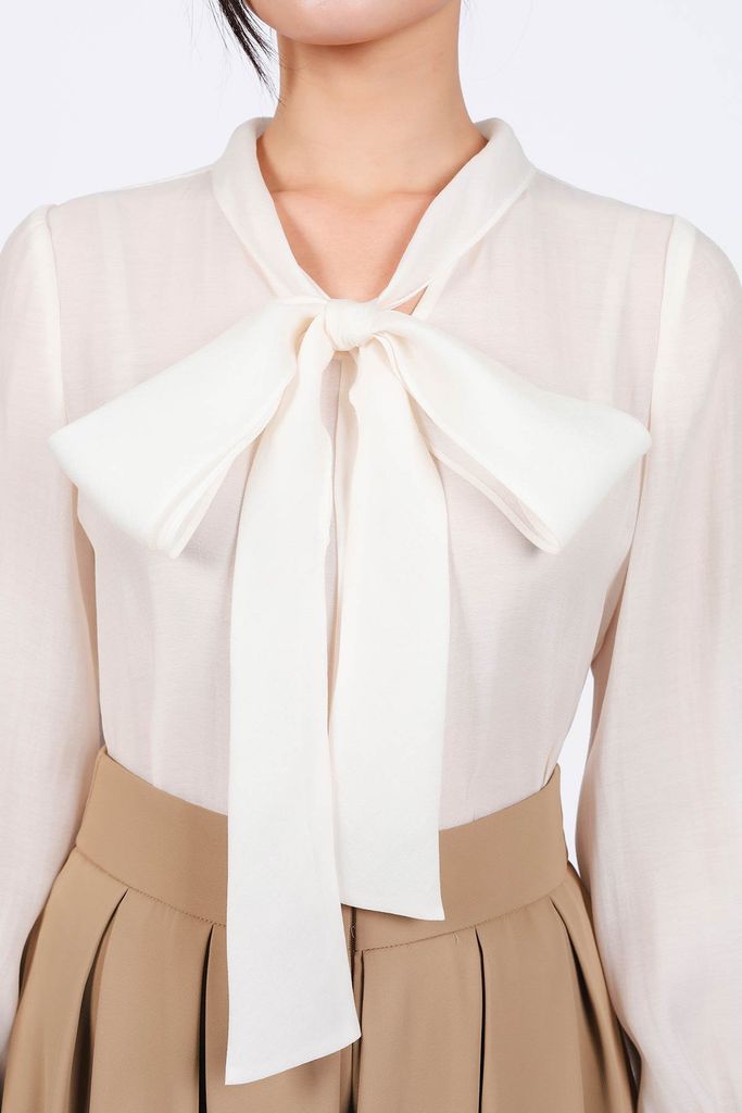 FAS73799 - Áo sơ mi công sở vải tơ dáng suông cổ phối dây nơ tạo kiểu - PANTIO