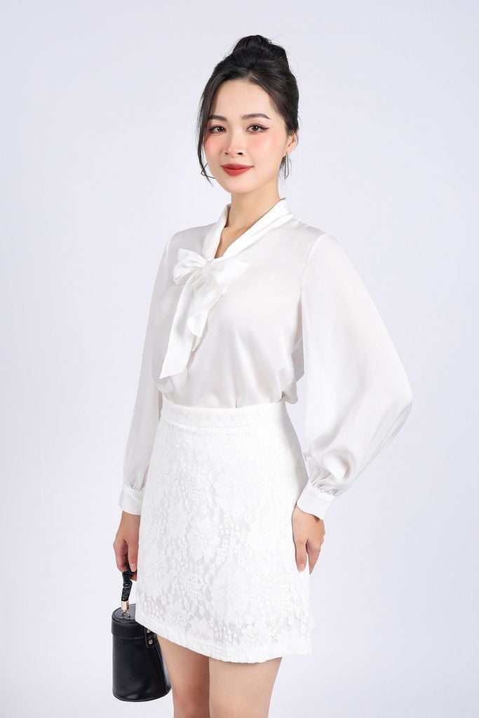 FAS73815 - Áo sơ mi công sở vải lụa tằm dáng suông cổ kiểu phối dây nơ tạo kiểu - PANTIO