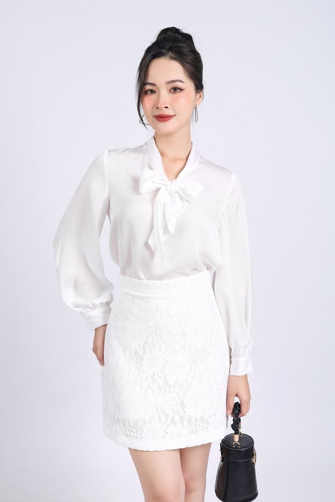 FAS73815 - Áo sơ mi công sở vải lụa tằm dáng suông cổ kiểu phối dây nơ tạo kiểu - PANTIO