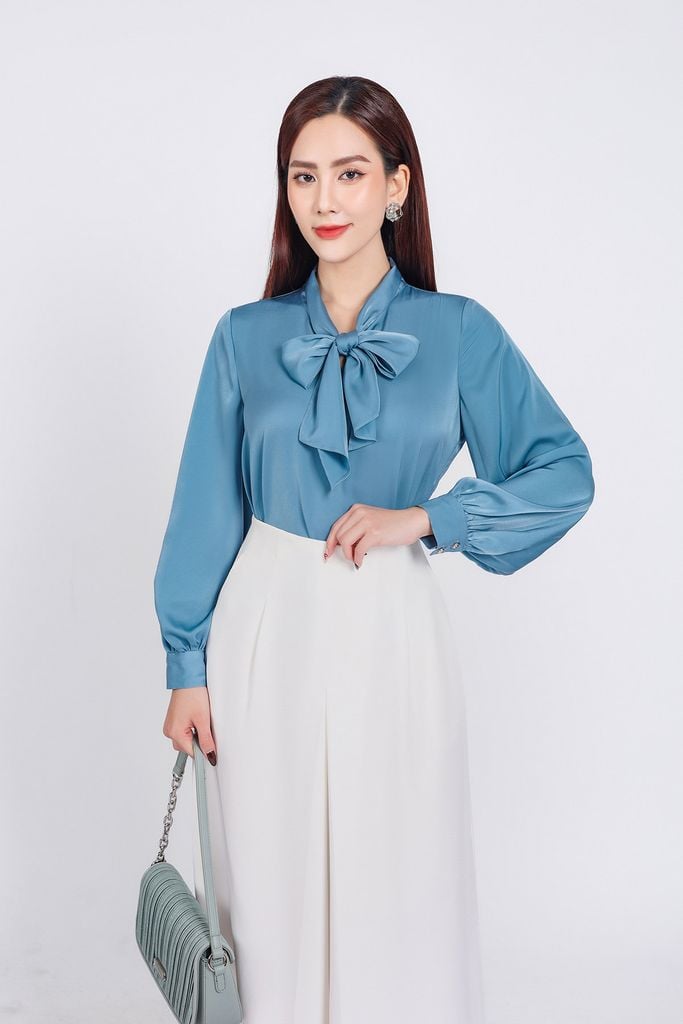 FAS73815 - Áo sơ mi công sở vải lụa tằm dáng suông cổ kiểu phối dây nơ tạo kiểu - PANTIO