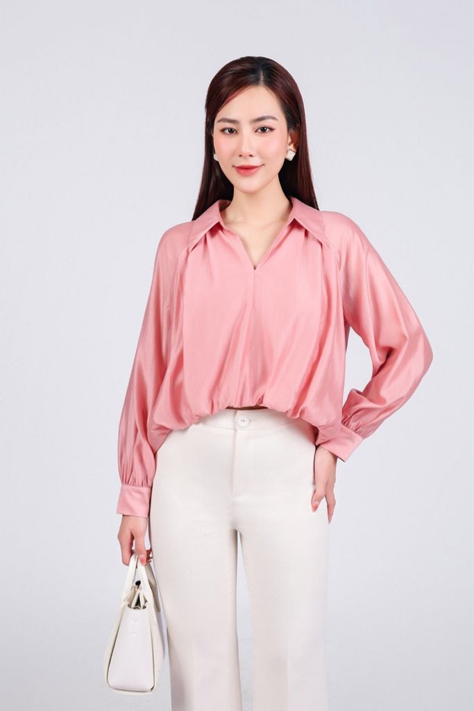 FAS73823 - Áo sơ mi công sở vải tơ dáng sông cổ đức xẻ V gấu xếp nhún tạo kiểu gấu đuôi tôm thời trang - PANTIO