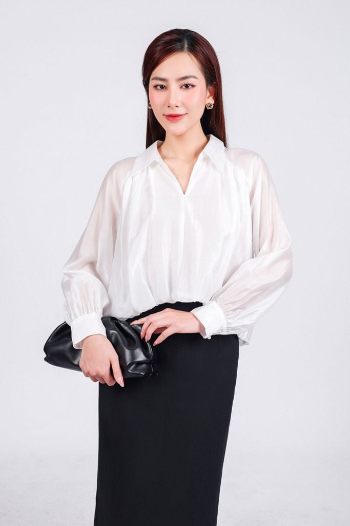 FAS73823 - Áo sơ mi công sở vải tơ dáng sông cổ đức xẻ V gấu xếp nhún tạo kiểu gấu đuôi tôm thời trang - PANTIO