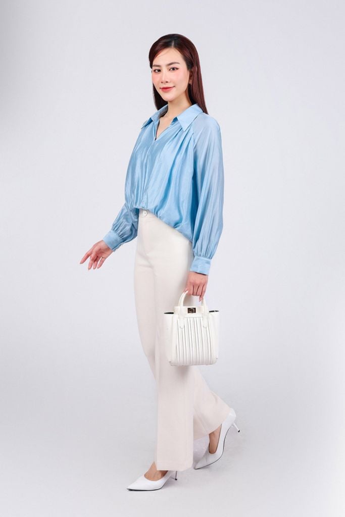 FAS73823 - Áo sơ mi công sở vải tơ dáng sông cổ đức xẻ V gấu xếp nhún tạo kiểu gấu đuôi tôm thời trang - PANTIO