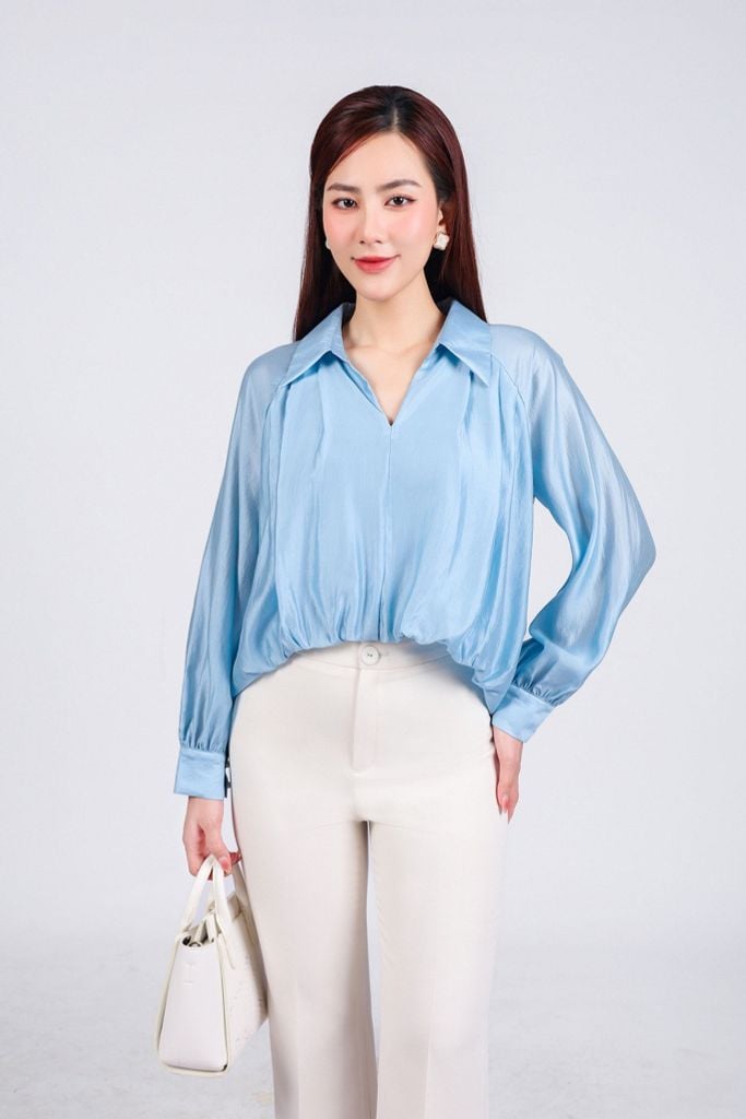 FAS73823 - Áo sơ mi công sở vải tơ dáng sông cổ đức xẻ V gấu xếp nhún tạo kiểu gấu đuôi tôm thời trang - PANTIO
