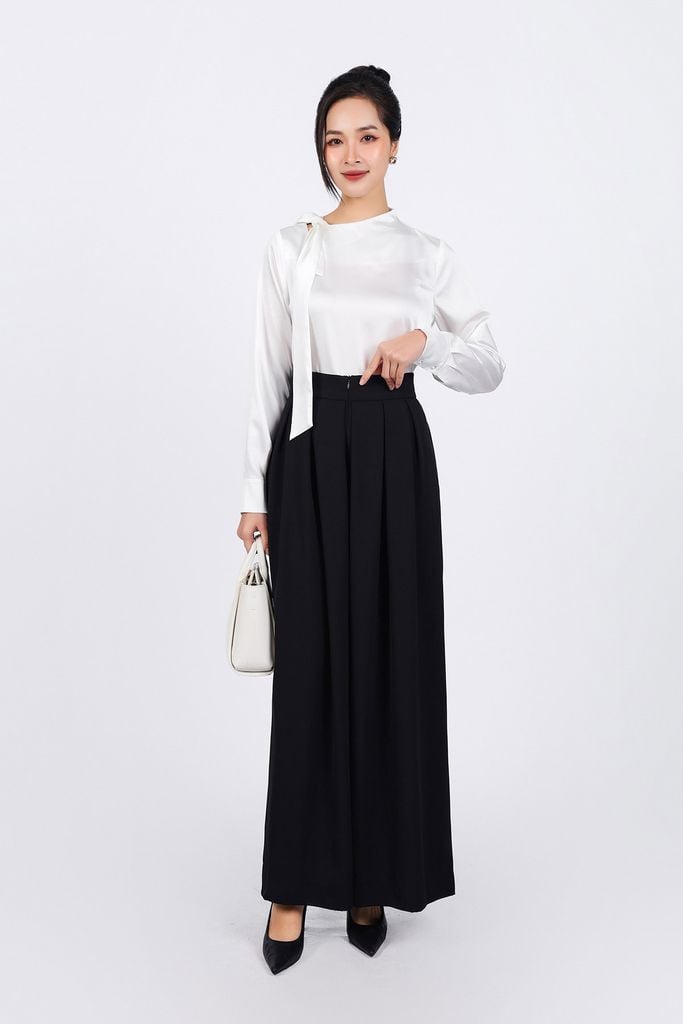 FAS73825 - Áo sơ mi công sở vải lụa satin dáng suông cổ kiểu thắt nơ tạo kiểu - PANTIO