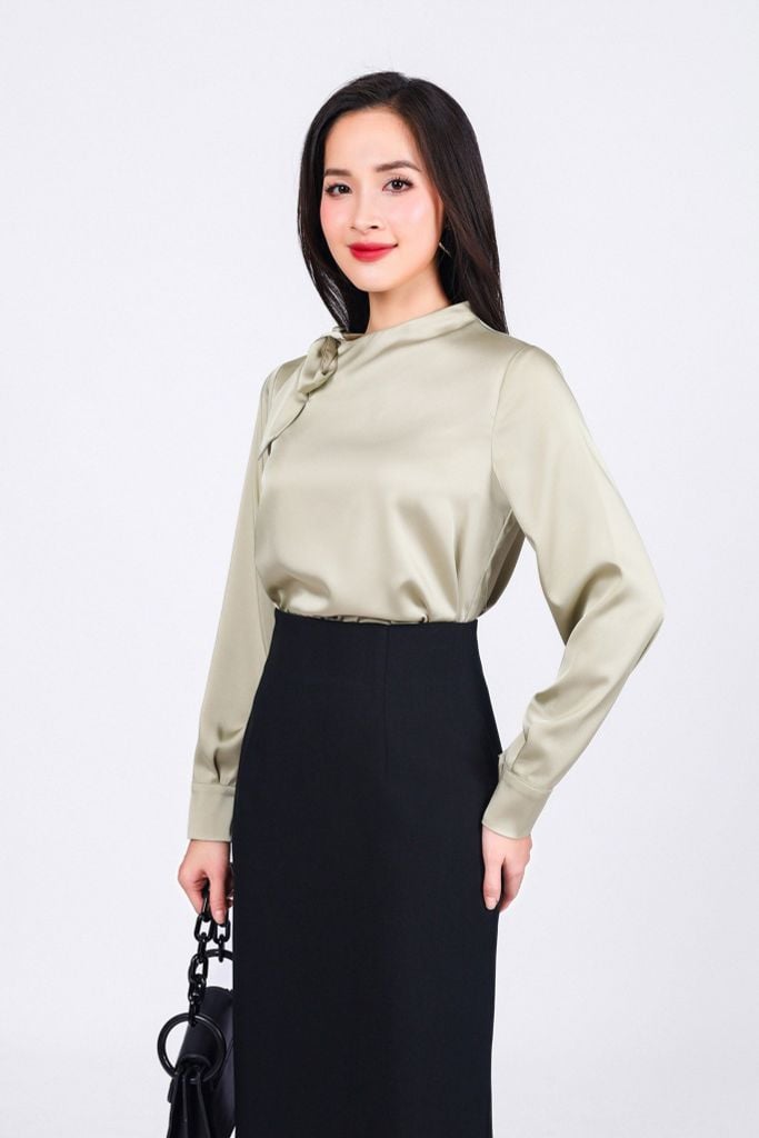 FAS73825 - Áo sơ mi công sở vải lụa satin dáng suông cổ kiểu thắt nơ tạo kiểu - PANTIO