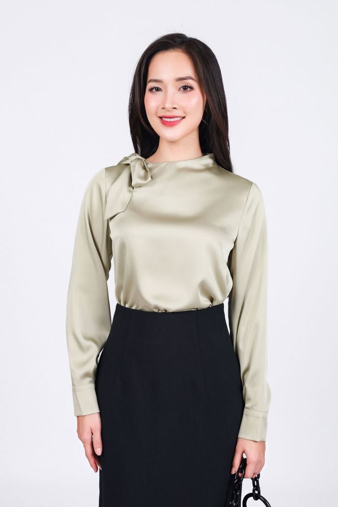 FAS73825 - Áo sơ mi công sở vải lụa satin dáng suông cổ kiểu thắt nơ tạo kiểu - PANTIO