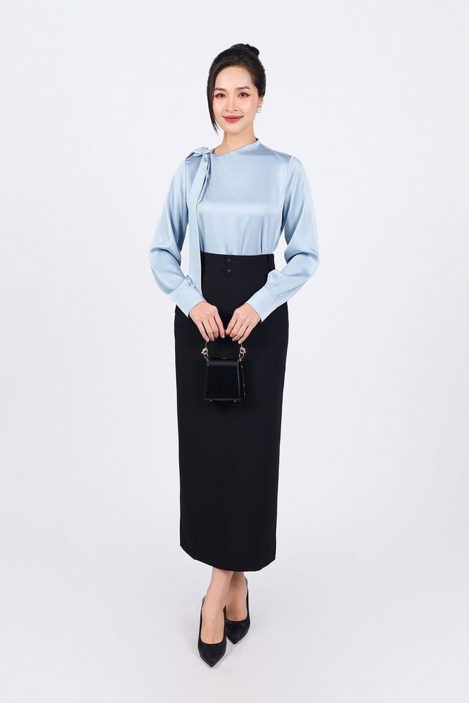 FAS73825 - Áo sơ mi công sở vải lụa satin dáng suông cổ kiểu thắt nơ tạo kiểu - PANTIO