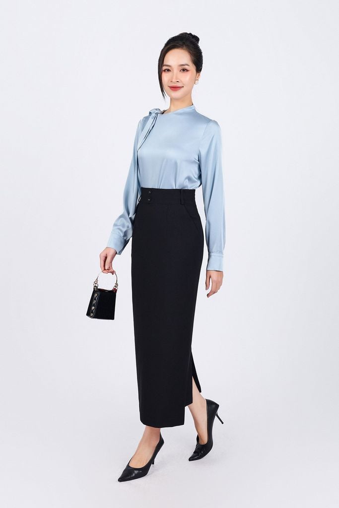 FAS73825 - Áo sơ mi công sở vải lụa satin dáng suông cổ kiểu thắt nơ tạo kiểu - PANTIO