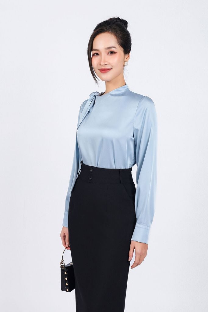 FAS73825 - Áo sơ mi công sở vải lụa satin dáng suông cổ kiểu thắt nơ tạo kiểu - PANTIO