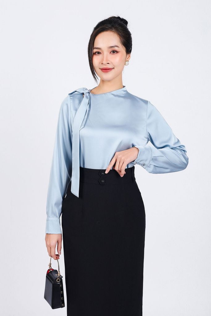 FAS73825 - Áo sơ mi công sở vải lụa satin dáng suông cổ kiểu thắt nơ tạo kiểu - PANTIO