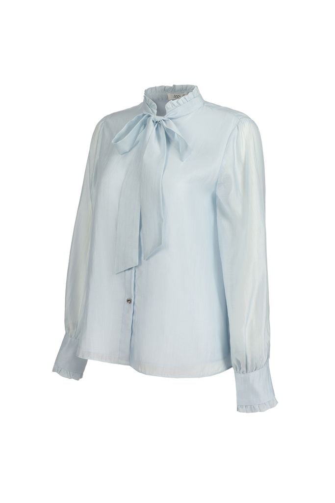 FAS73893 - Áo sơ mi dáng suông, cổ tròn xếp bèo cao, nẹp cài khuy, nhún cửa tay, tay dài, buộc nơ cổ - JAN.