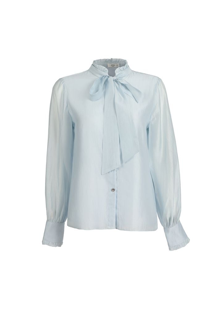 FAS73893 - Áo sơ mi dáng suông, cổ tròn xếp bèo cao, nẹp cài khuy, nhún cửa tay, tay dài, buộc nơ cổ - JAN.