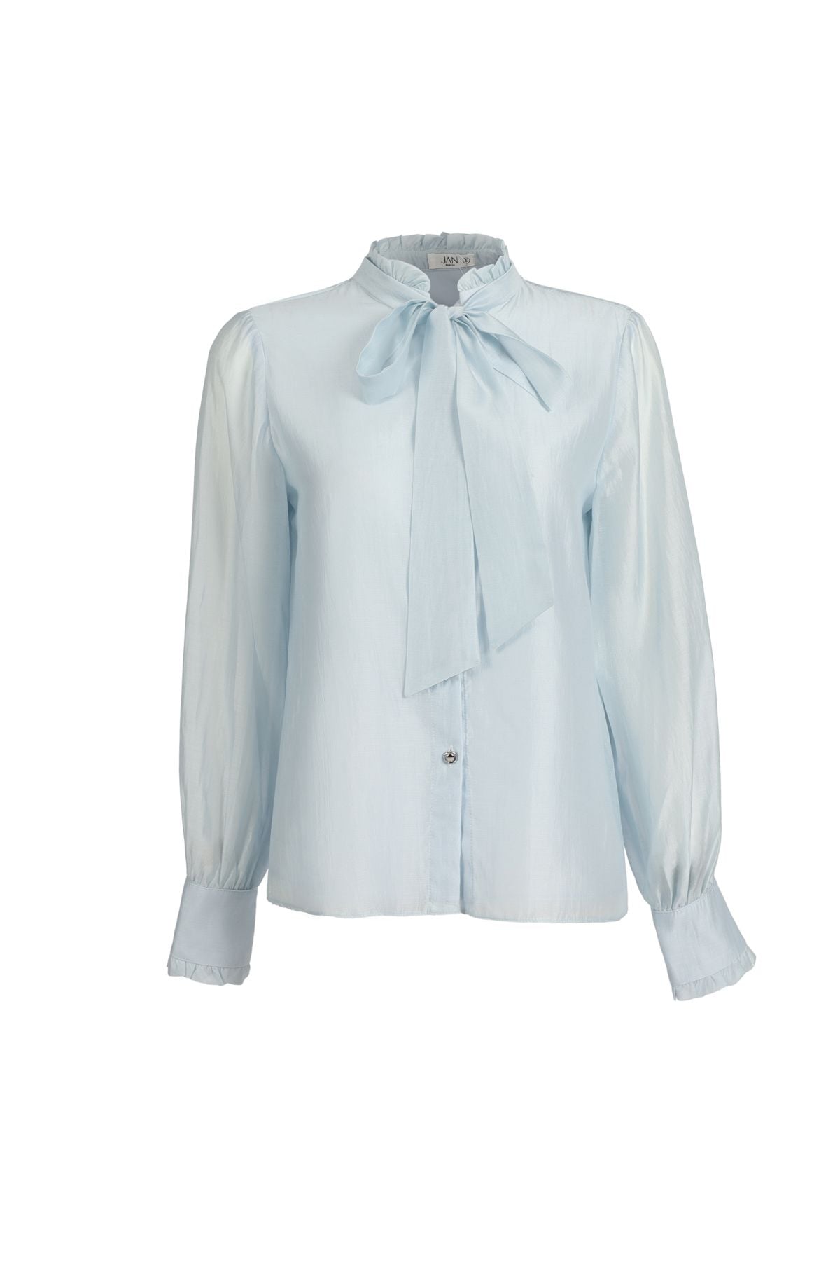 FAS73893 - Áo sơ mi dáng suông, cổ tròn xếp bèo cao, nẹp cài khuy, nhún cửa tay, tay dài, buộc nơ cổ - JAN.