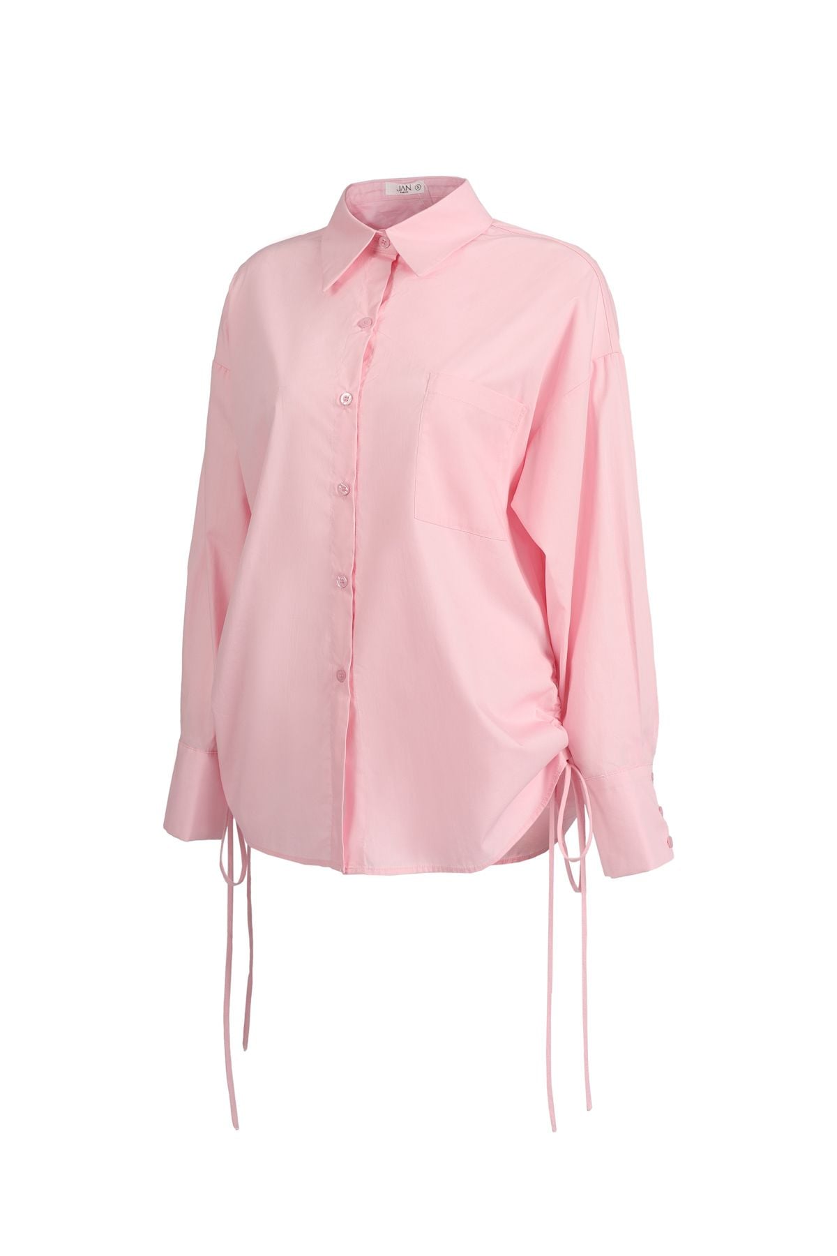 FAS73896 - Áo sơ mi dáng suông, cổ đức, nẹp cài khuy, vai trễ, rút dây buộc eo, túi ốp ngực 1 bên, gấu đuôi tôm, tay dài măng séc cài - JAN.