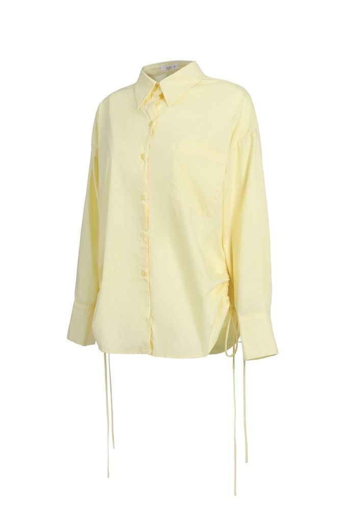 FAS73896 - Áo sơ mi dáng suông, cổ đức, nẹp cài khuy, vai trễ, rút dây buộc eo, túi ốp ngực 1 bên, gấu đuôi tôm, tay dài măng séc cài - JAN.