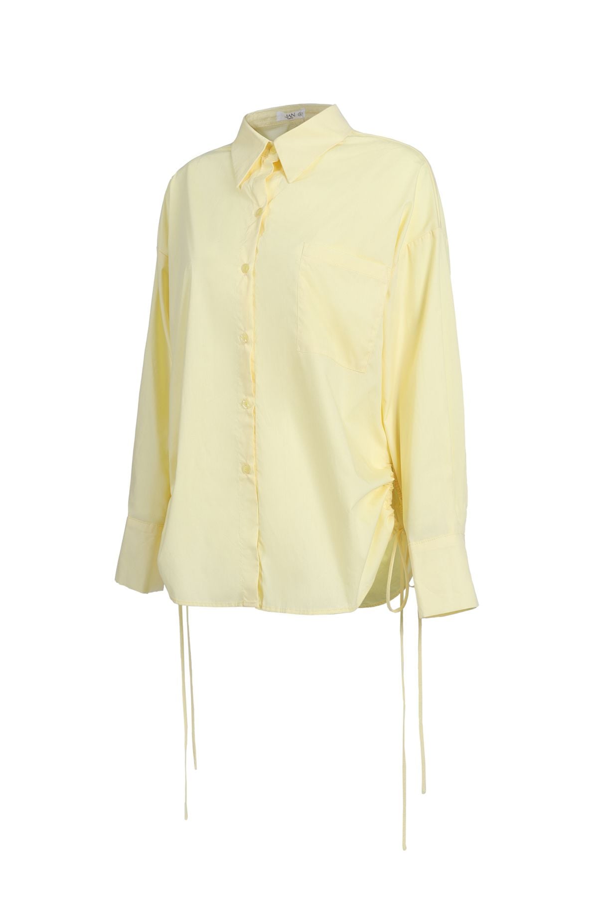 FAS73896 - Áo sơ mi dáng suông, cổ đức, nẹp cài khuy, vai trễ, rút dây buộc eo, túi ốp ngực 1 bên, gấu đuôi tôm, tay dài măng séc cài - JAN.