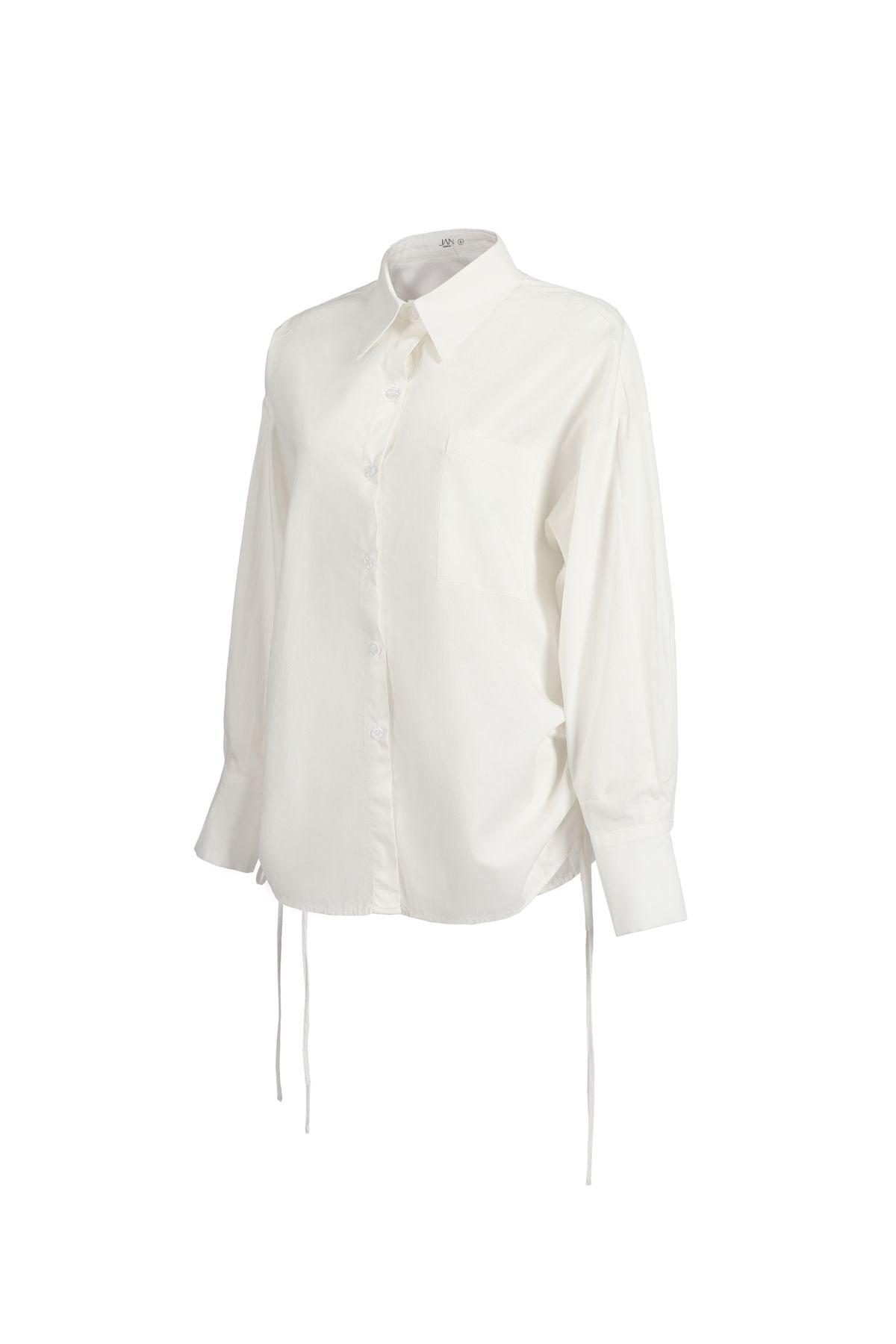 FAS73896 - Áo sơ mi dáng suông, cổ đức, nẹp cài khuy, vai trễ, rút dây buộc eo, túi ốp ngực 1 bên, gấu đuôi tôm, tay dài măng séc cài - JAN.