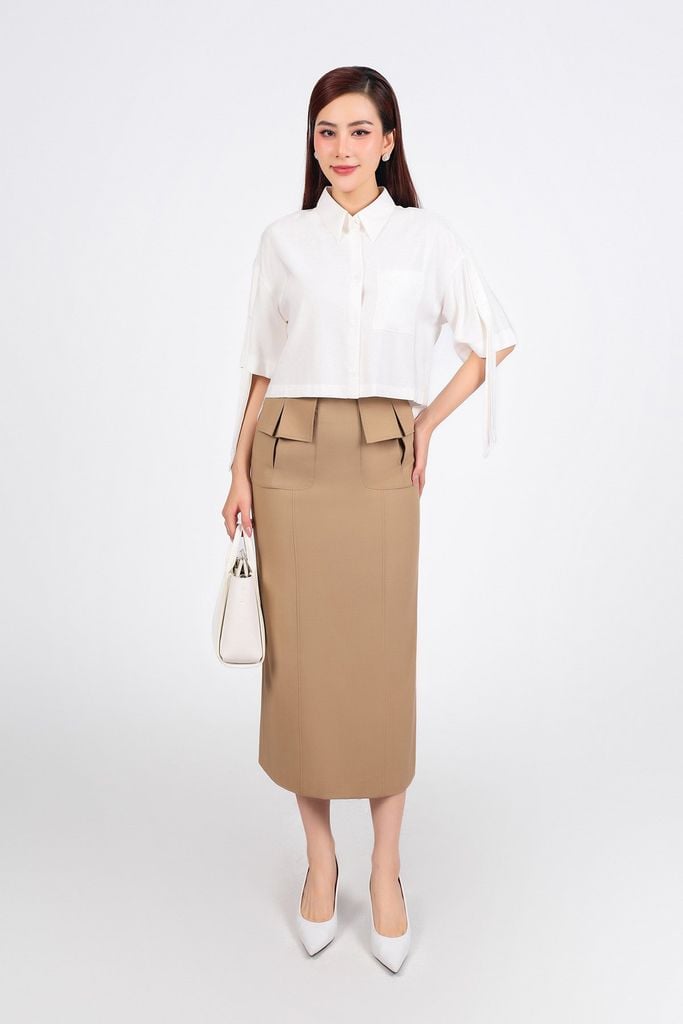 FAS93880 - Áo sơ mi công sở vải tuyp xy dáng lửng cổ đức tay lỡ vai áo phối dây tạo kiểu cài khuy trước - PANTIO