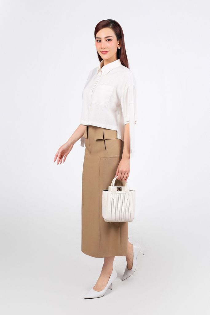 FAS93880 - Áo sơ mi công sở vải tuyp xy dáng lửng cổ đức tay lỡ vai áo phối dây tạo kiểu cài khuy trước - PANTIO