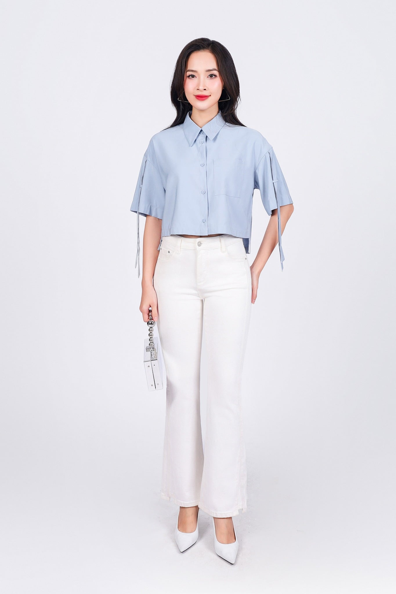 FAS93880 - Áo sơ mi công sở vải tuytsi dáng lửng cổ đức tay lỡ vai áo phối dây tạo kiểu cài khuy trước - PANTIO