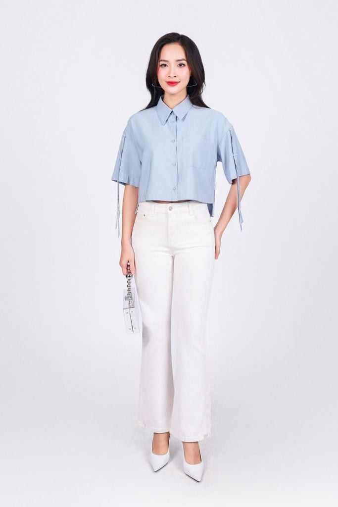 FAS93880 - Áo sơ mi công sở vải tuyp xy dáng lửng cổ đức tay lỡ vai áo phối dây tạo kiểu cài khuy trước - PANTIO