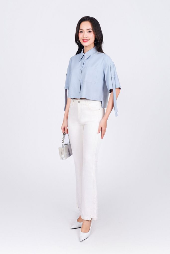 FAS93880 - Áo sơ mi công sở vải tuyp xy dáng lửng cổ đức tay lỡ vai áo phối dây tạo kiểu cài khuy trước - PANTIO