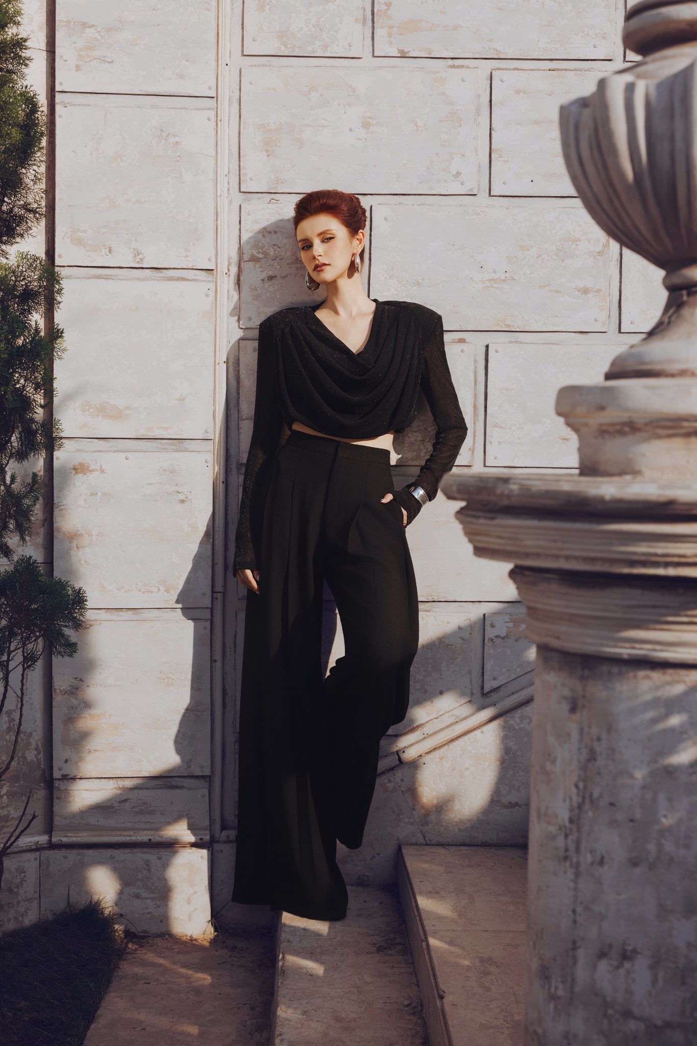 FAS93970 - Áo sơ mi kiểu cao cấp vải lưới dáng croptop cổ đổ ly có đệm cầu vai tạo kiểu - PANTIO