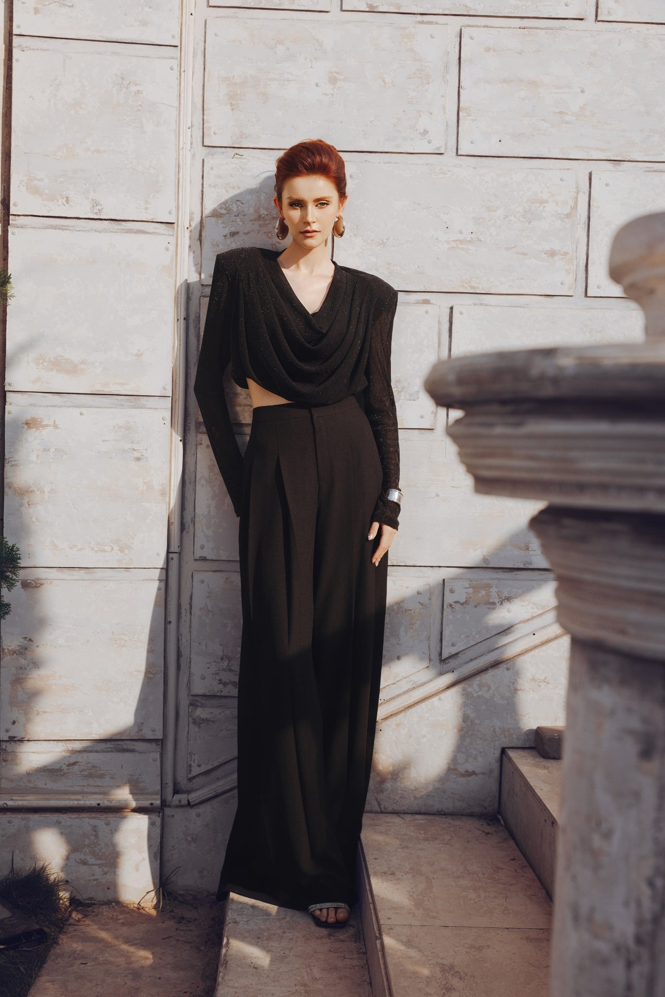 FAS93970 - Áo sơ mi kiểu cao cấp vải lưới dáng croptop cổ đổ ly có đệm cầu vai tạo kiểu - PANTIO