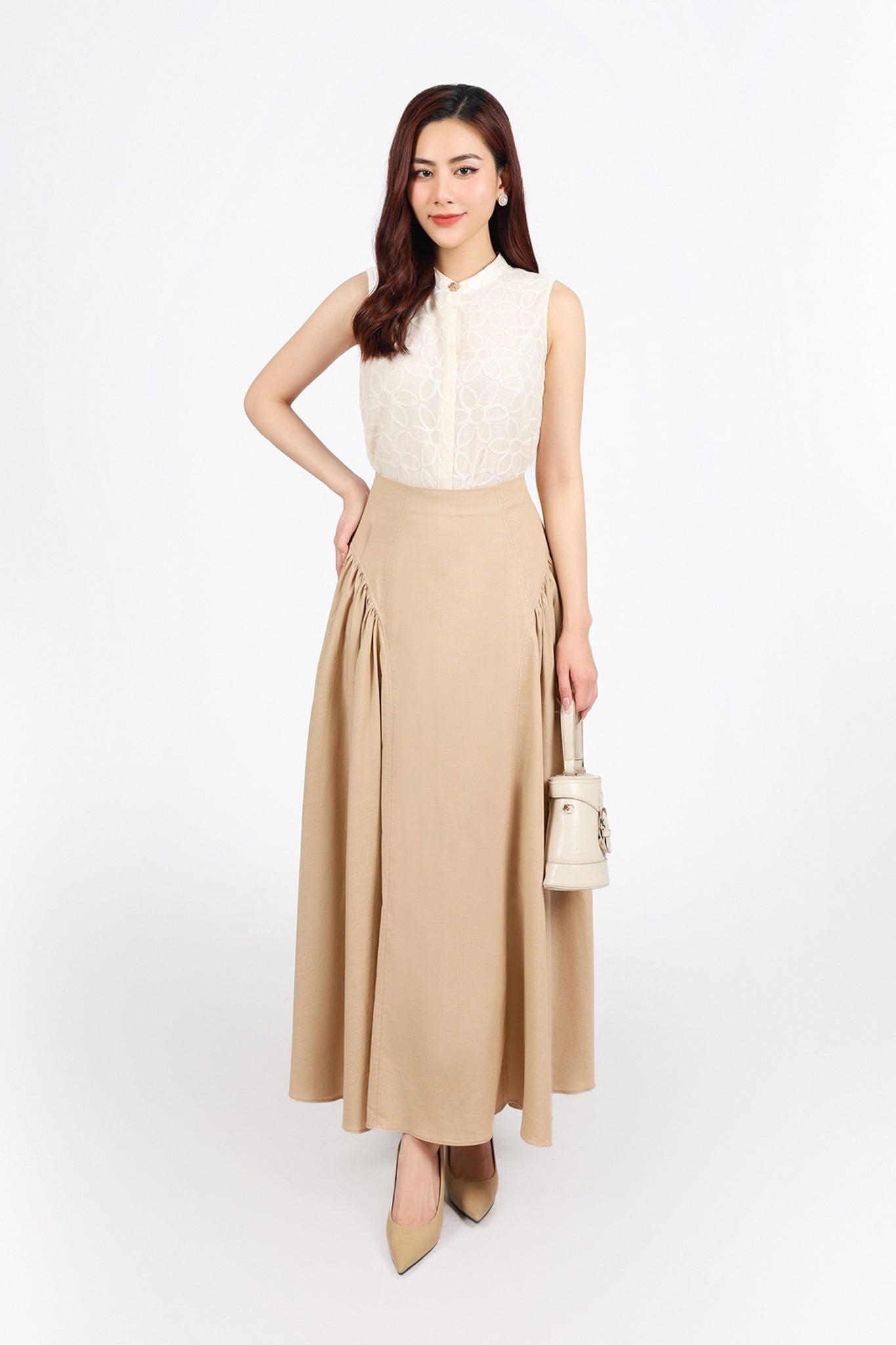 FJD51299 - Chân váy công sở vải linen dáng suông thân váy xếp nhún tạo xoè khóa thân sau - PANTIO