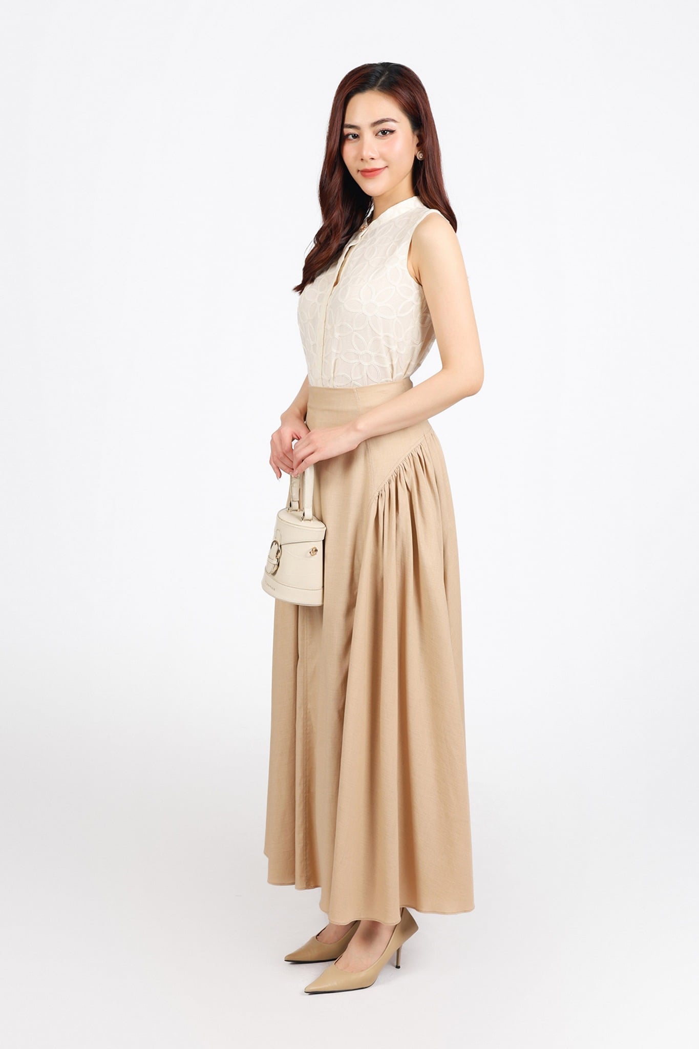 FJD51299 - Chân váy công sở vải linen dáng suông thân váy xếp nhún tạo xoè khóa thân sau - PANTIO