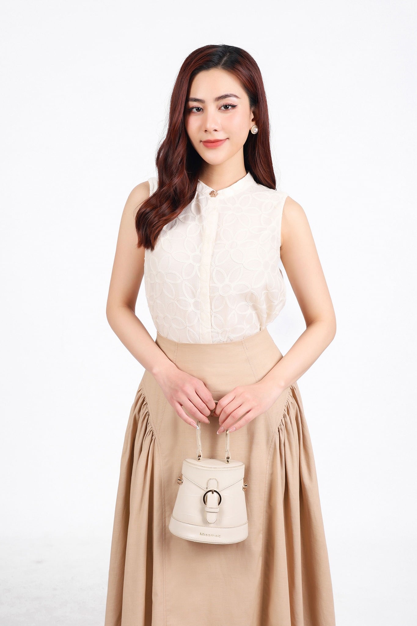 FJD51299 - Chân váy công sở vải linen dáng suông thân váy xếp nhún tạo xoè khóa thân sau - PANTIO