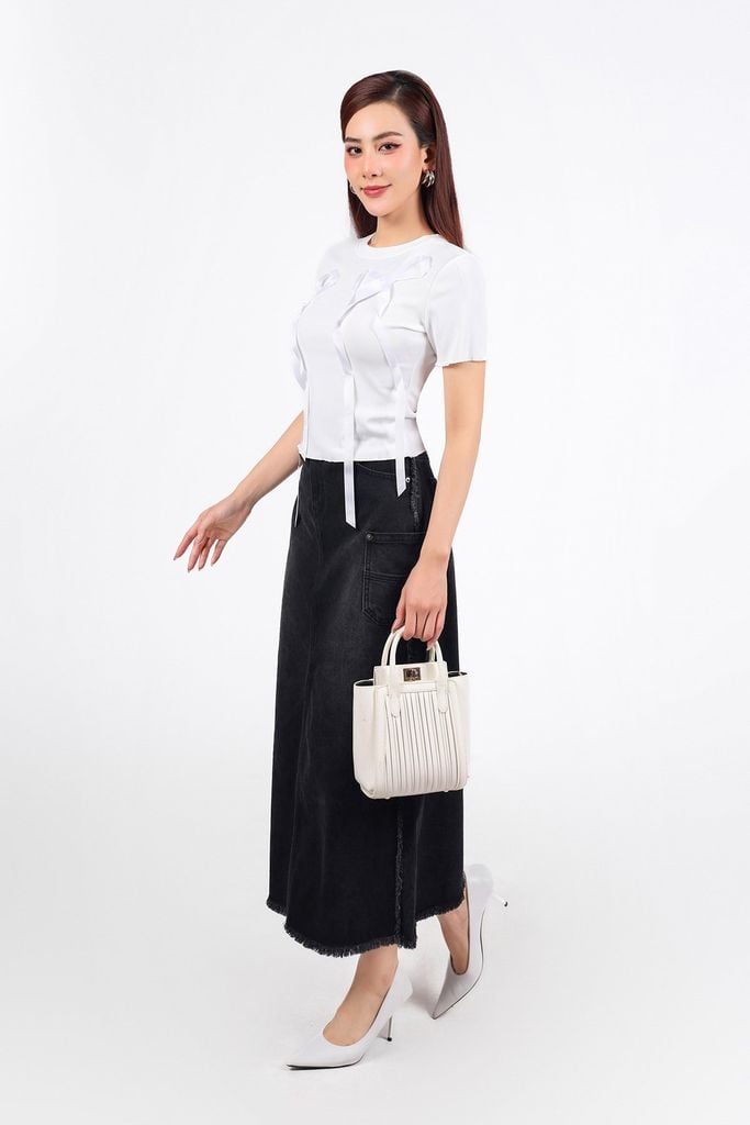 FAT1422 - Áo thun vải len cao cấp dáng ôm cổ tròn thân áo hoạ tiết nơ ruy băng thời trang - PANTIO