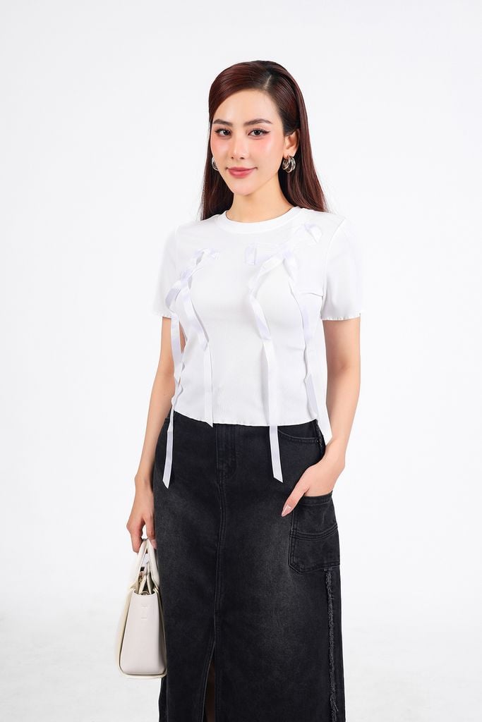 FAT1422 - Áo thun vải len cao cấp dáng ôm cổ tròn thân áo hoạ tiết nơ ruy băng thời trang - PANTIO