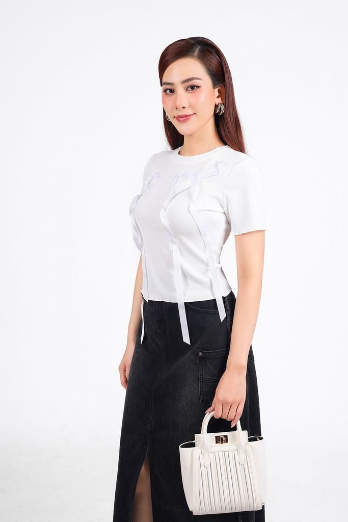 FAT1422 - Áo thun vải len cao cấp dáng ôm cổ tròn thân áo hoạ tiết nơ ruy băng thời trang - PANTIO