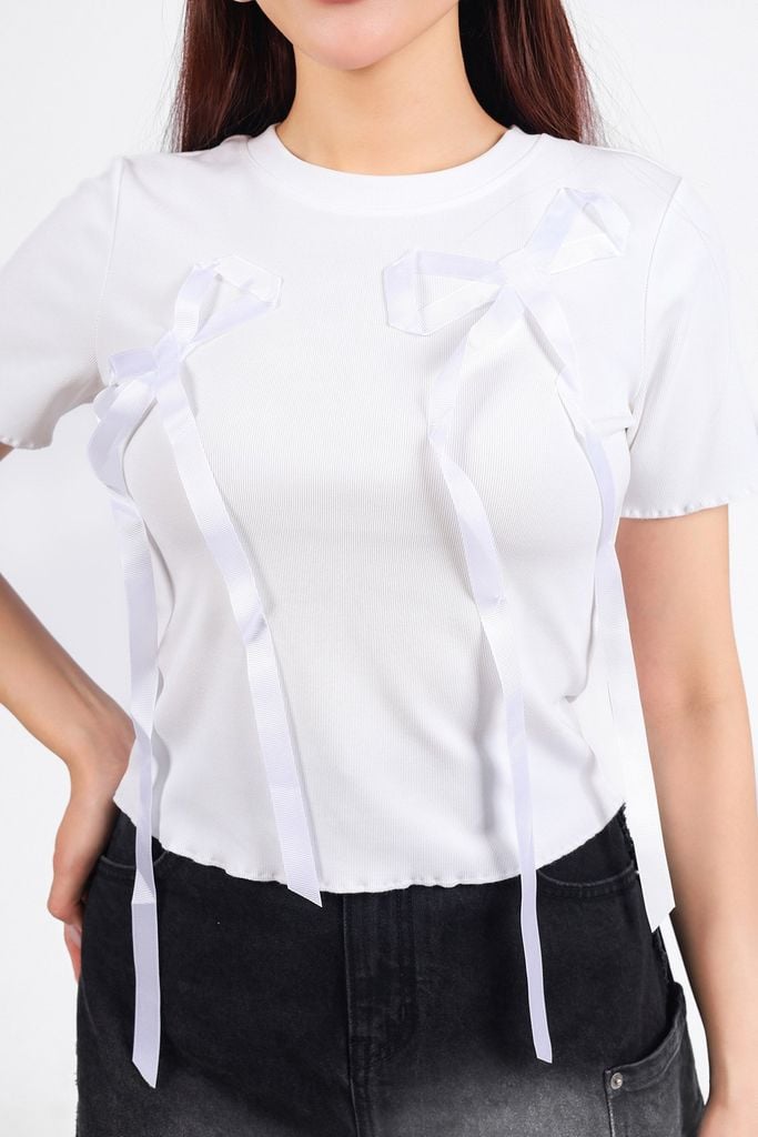 FAT1422 - Áo thun vải len cao cấp dáng ôm cổ tròn thân áo hoạ tiết nơ ruy băng thời trang - PANTIO