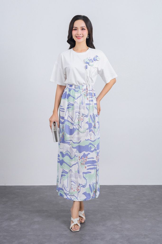 FAT1445 - Áo thun cao cấp vải cotton dáng suông cổ tròn tay lửng thân áo đính hoa 3D tạo kiểu - PANTIO