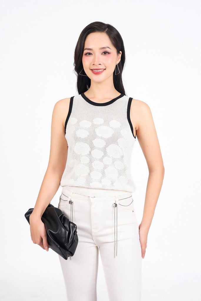 FAT1449 - Áo thun vải len cổ tròn không tay thân áo hoạ tiết thời trang gấu áo bo chun co giãn - PANTIO