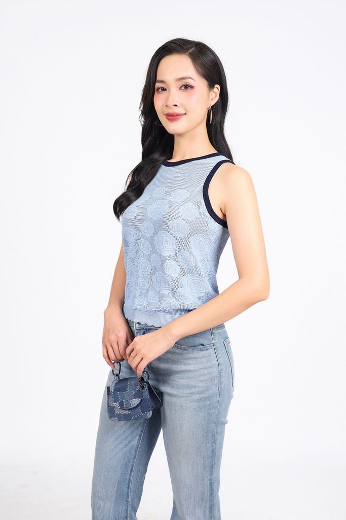 FAT1449 - Áo thun vải len cổ tròn không tay thân áo hoạ tiết thời trang gấu áo bo chun co giãn - PANTIO
