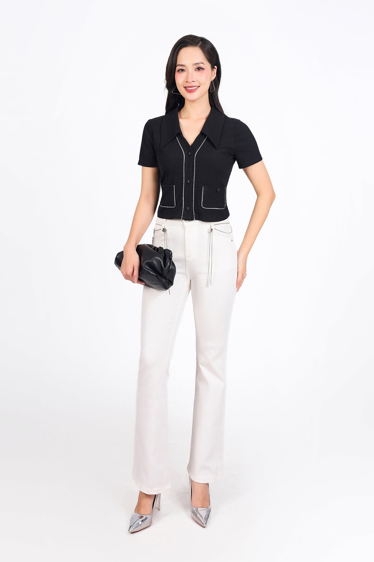 FAT1456 - Áo thun vải len dáng croptop cổ xẻ V tay cộc thân áo phối viền xích thời trang - PANTIO