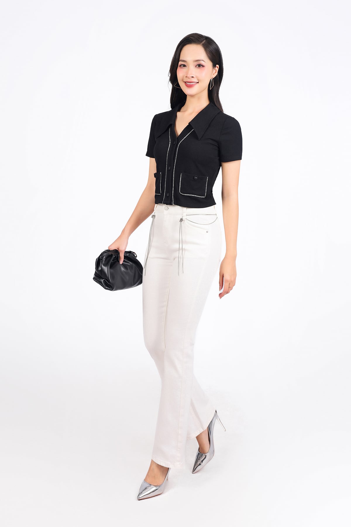 FAT1456 - Áo thun vải len dáng croptop cổ xẻ V tay cộc thân áo phối viền xích thời trang - PANTIO