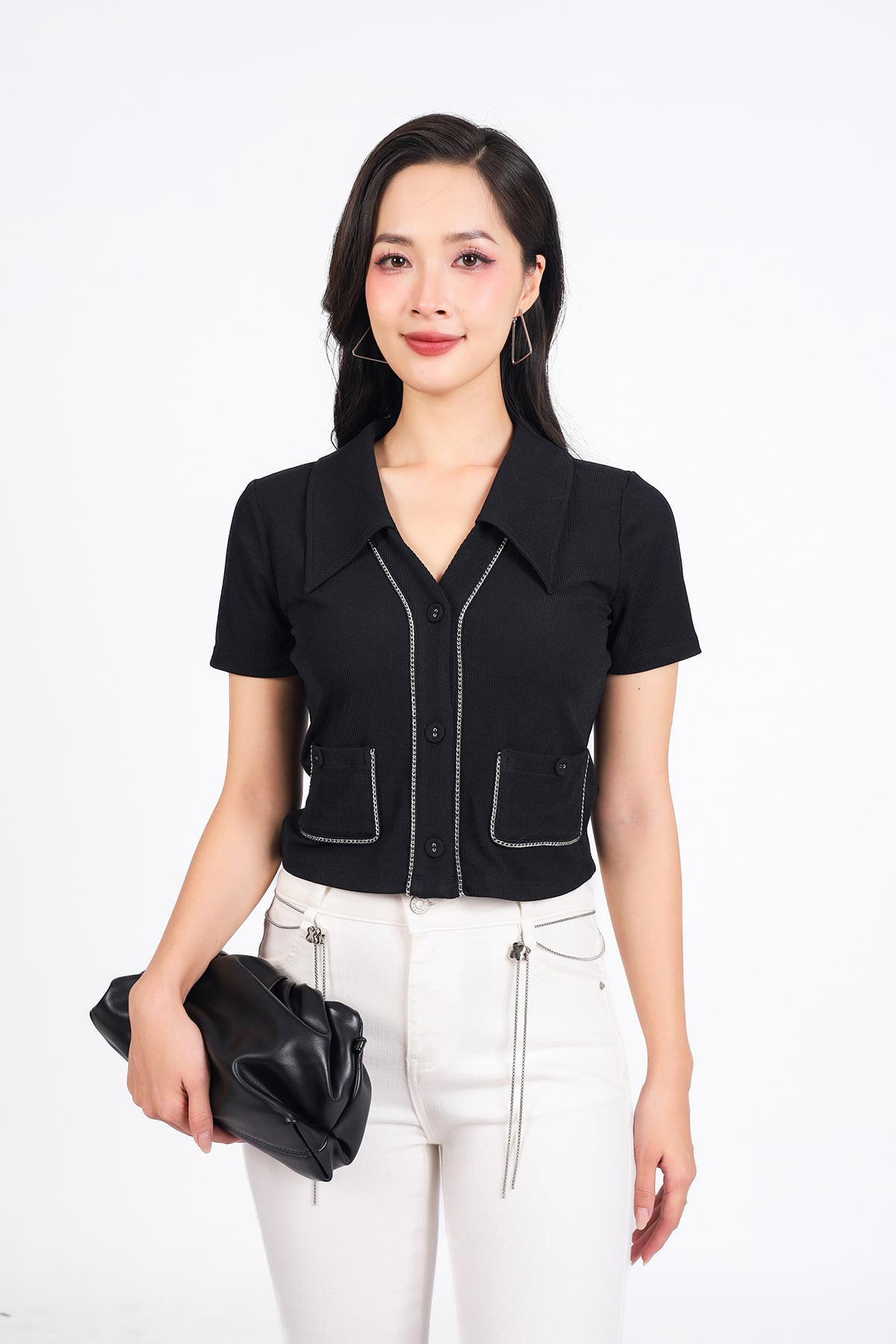FAT1456 - tylekeo88 tv vải len dáng croptop cổ xẻ V tay cộc thân áo phối viền xích thời trang - tỷ lệ kèo 8899
