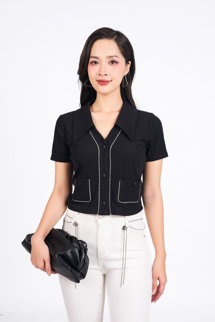 FAT1456 - Áo thun vải len dáng croptop cổ xẻ V tay cộc thân áo phối viền xích thời trang - PANTIO