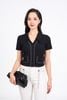 FAT1456 - Áo thun vải len dáng croptop cổ xẻ V tay cộc thân áo phối viền xích thời trang - PANTIO