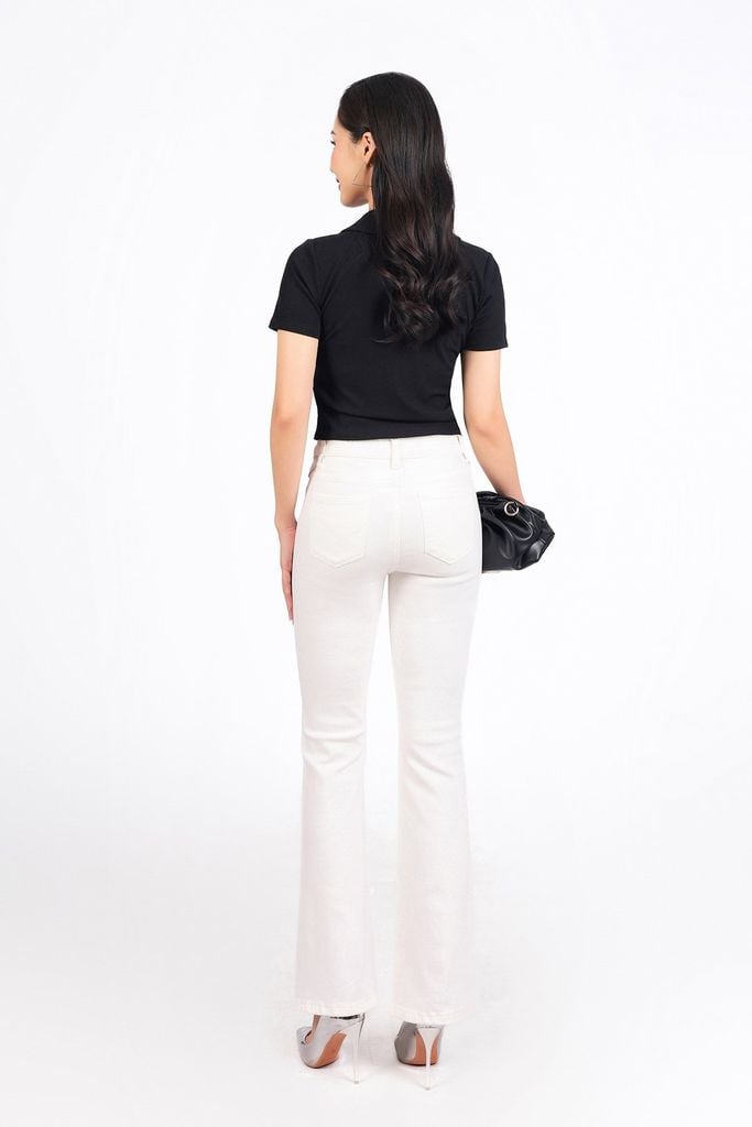 FAT1456 - Áo thun vải len dáng croptop cổ xẻ V tay cộc thân áo phối viền xích thời trang - PANTIO