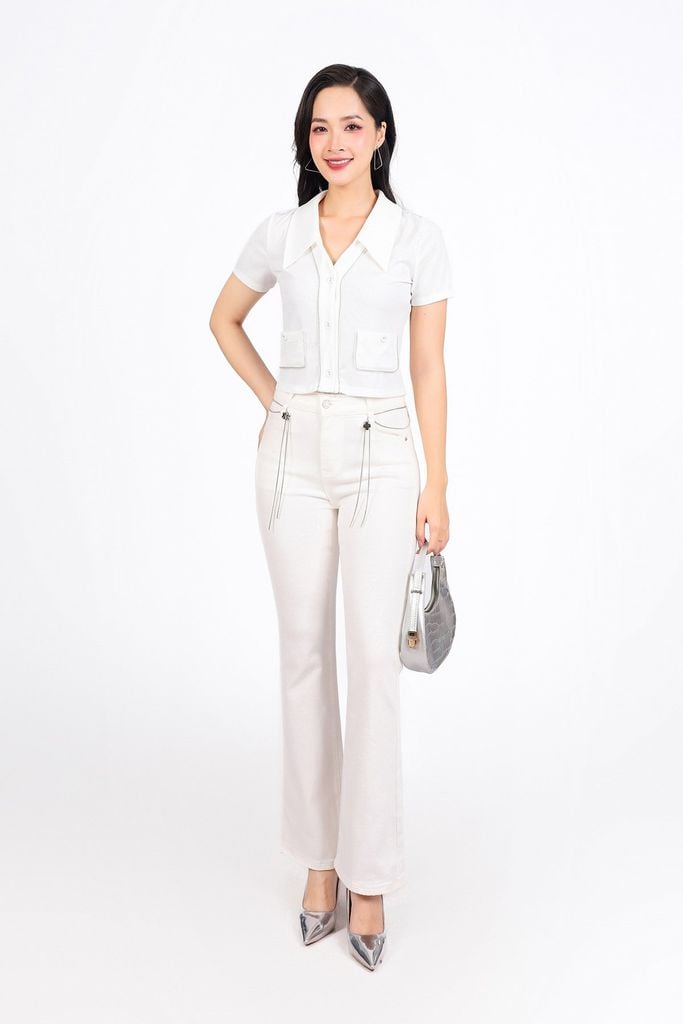 FAT1456 - Áo thun vải len dáng croptop cổ xẻ V tay cộc thân áo phối viền xích thời trang - PANTIO