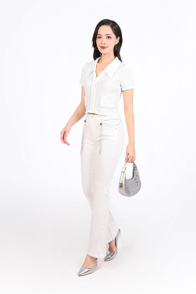 FAT1456 - Áo thun vải len dáng croptop cổ xẻ V tay cộc thân áo phối viền xích thời trang - PANTIO