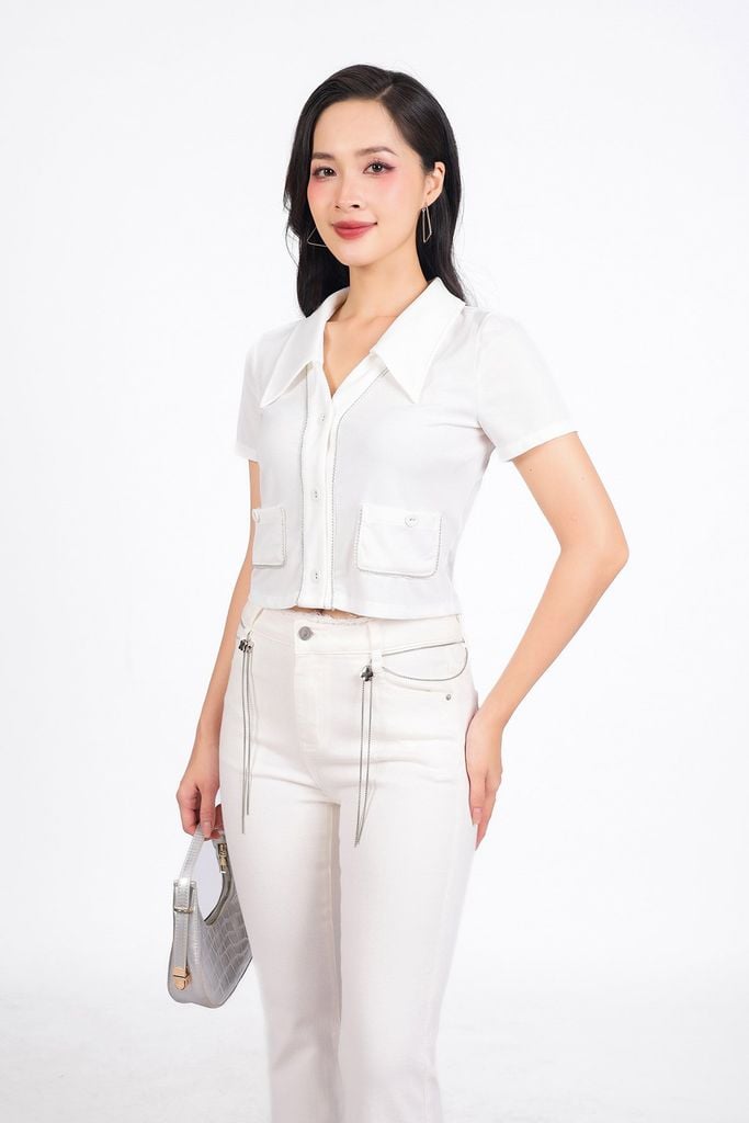 FAT1456 - Áo thun vải len dáng croptop cổ xẻ V tay cộc thân áo phối viền xích thời trang - PANTIO